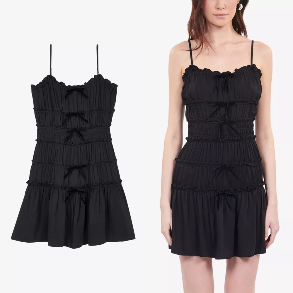 The Kooples Bow-Embellished Ruched Woven Mini Dress - Kooples 2 - Medium